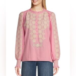Gibson & Latimer Blush Pink Woven Embroidered Floral Ruffle Split Neck Blouse XL
